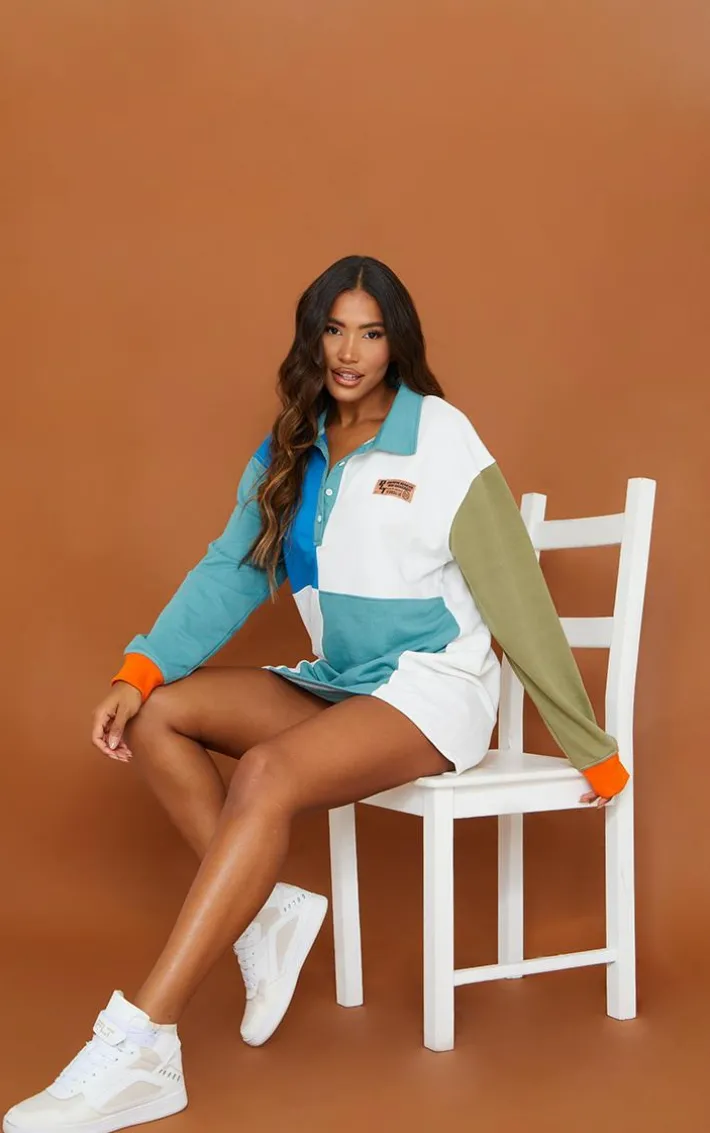 PRETTYLITTLETHING Mineral Blue Contrast Block Detail Sweatshirt Dress