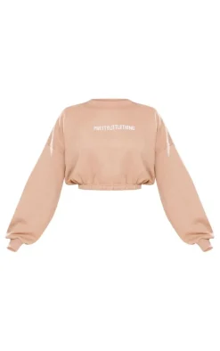 PRETTYLITTLETHING Mocha Logo Oversized Cinched Cropped Sweatshirt