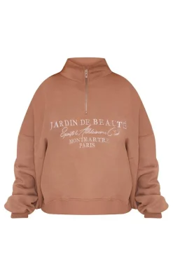 PRETTYLITTLETHING Mocha Logo Embroidered Half Zip Sweatshirt
