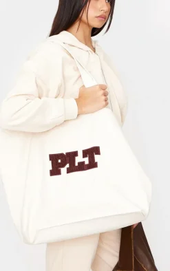 PRETTYLITTLETHING Natural Borg Logo Tote Bag