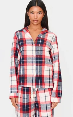 PRETTYLITTLETHING Navy Checked Long Sleeve PJ Shirt