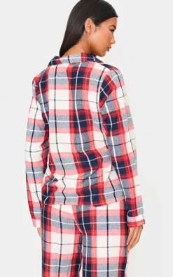PRETTYLITTLETHING Navy Checked Long Sleeve PJ Shirt