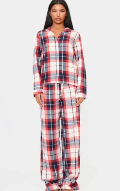 PRETTYLITTLETHING Navy Checked Long Sleeve PJ Shirt
