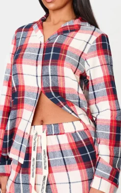 PRETTYLITTLETHING Navy Checked Long Sleeve PJ Shirt