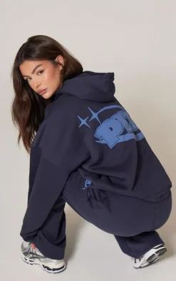 PRETTYLITTLETHING Navy Oversized Puff Print Hoodie