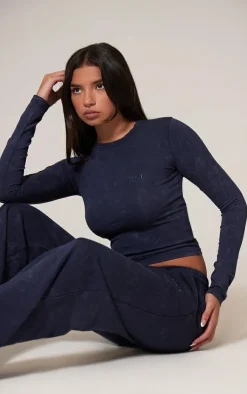 PRETTYLITTLETHING Navy Washed Longline Cotton Long Sleeve Fitted T-shirt