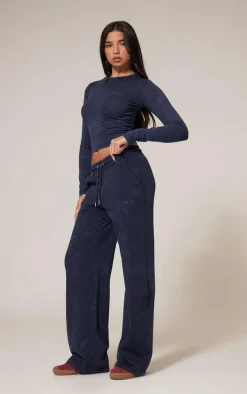 PRETTYLITTLETHING Navy Washed Longline Cotton Long Sleeve Fitted T-shirt