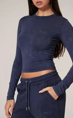PRETTYLITTLETHING Navy Washed Longline Cotton Long Sleeve Fitted T-shirt