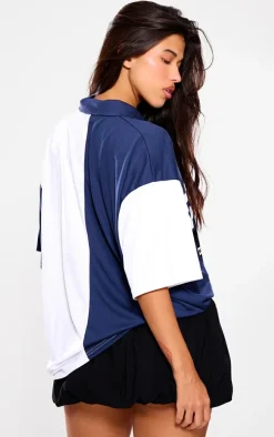 PRETTYLITTLETHING Navy Zip Up Short Sleeve Football Shirt