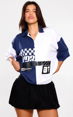 PRETTYLITTLETHING Navy Zip Up Short Sleeve Football Shirt