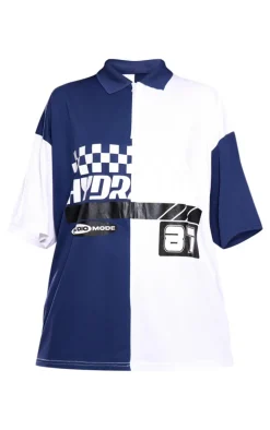 PRETTYLITTLETHING Navy Zip Up Short Sleeve Football Shirt