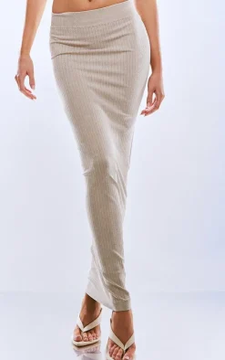 PRETTYLITTLETHING Oatmeal Washed Snatched Rib Low Rise Midaxi Skirt