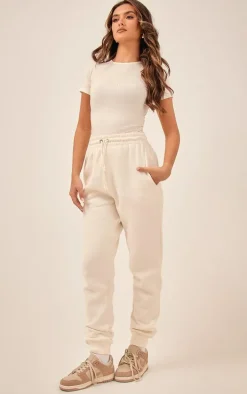 PRETTYLITTLETHING Off White High Waisted Washed Cuffed Sweatpants