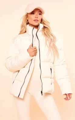 PRETTYLITTLETHING Off White Panelled High Neck Puffer Coat