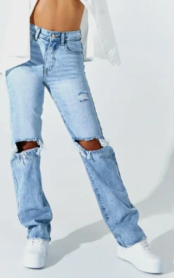 PRETTYLITTLETHING Petite Light Blue Wash Ripped Long Leg Straight Jeans
