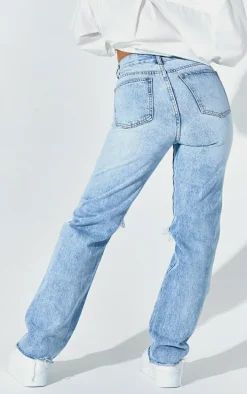 PRETTYLITTLETHING Petite Light Blue Wash Ripped Long Leg Straight Jeans