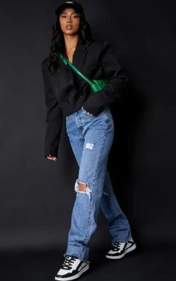 PRETTYLITTLETHING Petite Mid Blue Wash Ripped Long Leg Straight Jeans