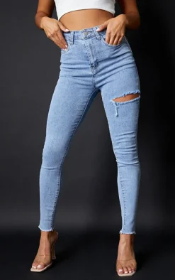 PRETTYLITTLETHING Petite Vintage Wash Thigh Rip Raw Hem 5 Pocket Skinny Jeans