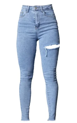 PRETTYLITTLETHING Petite Vintage Wash Thigh Rip Raw Hem 5 Pocket Skinny Jeans