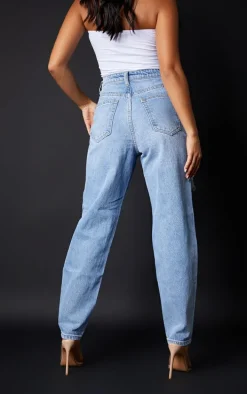 PRETTYLITTLETHING Petite Light Blue Wash Ripped Mom Jeans