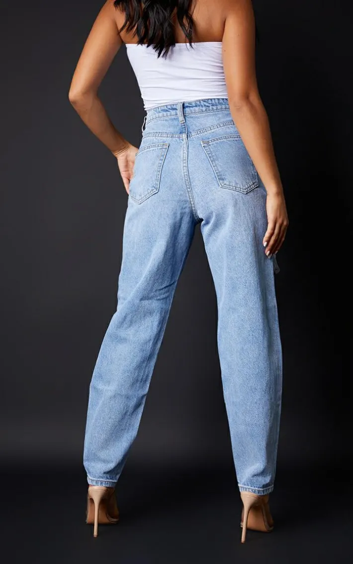 PRETTYLITTLETHING Petite Light Blue Wash Ripped Mom Jeans