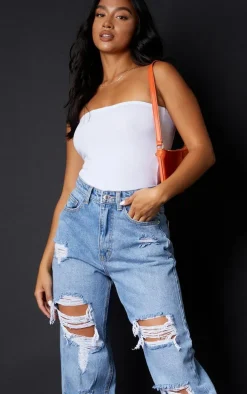 PRETTYLITTLETHING Petite Light Blue Wash Ripped Mom Jeans