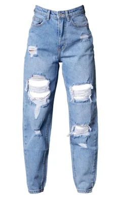 PRETTYLITTLETHING Petite Light Blue Wash Ripped Mom Jeans