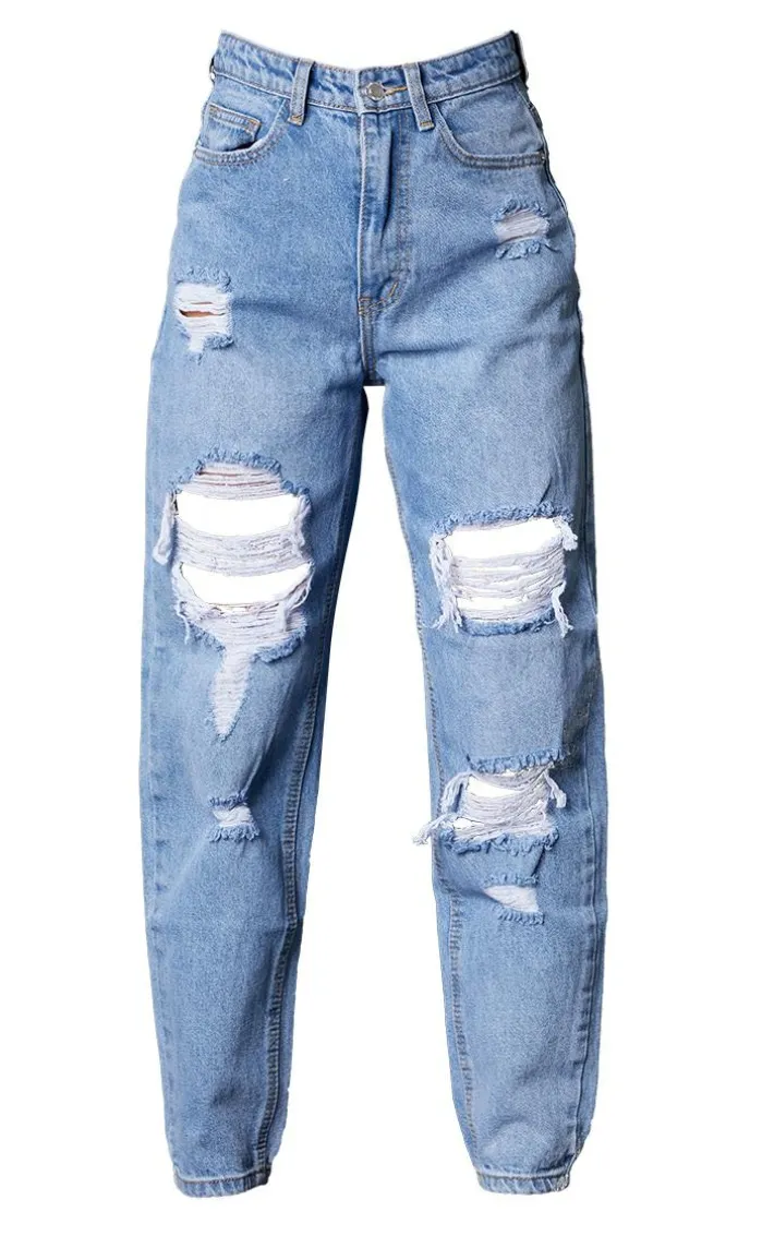 PRETTYLITTLETHING Petite Light Blue Wash Ripped Mom Jeans