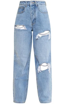 PRETTYLITTLETHING Petite Light Blue Wash Open Knee Boyfriend Jeans