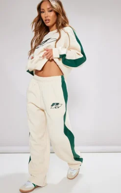 PRETTYLITTLETHING Petite Cream Embroidered Side Panel Straight Leg Sweatpants