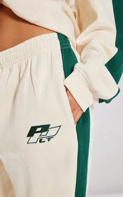 PRETTYLITTLETHING Petite Cream Embroidered Side Panel Straight Leg Sweatpants