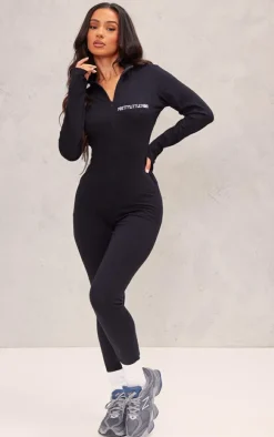 PRETTYLITTLETHING Petite Black Embroidered Zip Front Catsuit