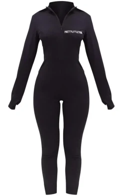 PRETTYLITTLETHING Petite Black Embroidered Zip Front Catsuit