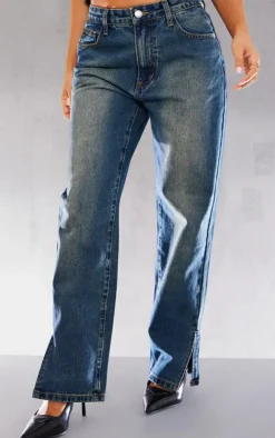 PRETTYLITTLETHING Petite Vintage Bleach Wash Split Hem Jeans
