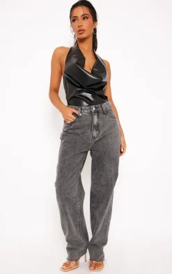 PRETTYLITTLETHING Petite Washed Grey Long Leg Straight Jeans