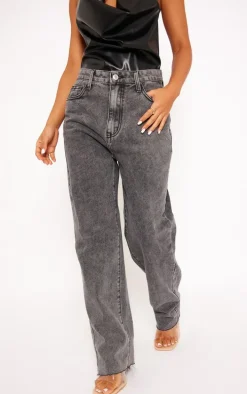 PRETTYLITTLETHING Petite Washed Grey Long Leg Straight Jeans
