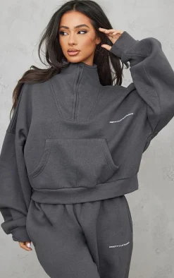 PRETTYLITTLETHING Petite Charcoal Oversized Half Zip Sweat