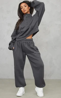 PRETTYLITTLETHING Petite Charcoal Oversized Half Zip Sweat