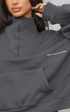 PRETTYLITTLETHING Petite Charcoal Oversized Half Zip Sweat