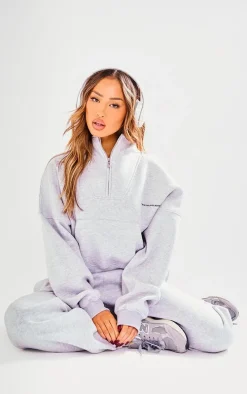 PRETTYLITTLETHING Petite Ash Grey Oversized Half Zip Sweatshirt