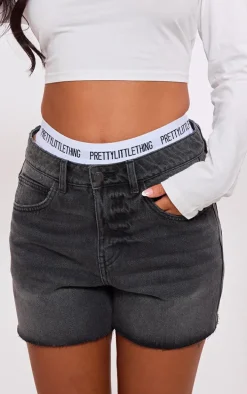 PRETTYLITTLETHING Petite Washed Black Raw Hem Boyfriend Denim Shorts