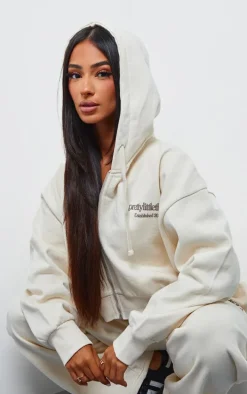 PRETTYLITTLETHING Petite Cream Premium Print Zip Front Hoodie