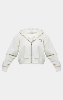 PRETTYLITTLETHING Petite Cream Premium Print Zip Front Hoodie