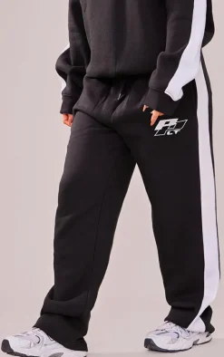 PRETTYLITTLETHING Petite Black Embroidered Side Panel Detail Straight Leg Sweatpants