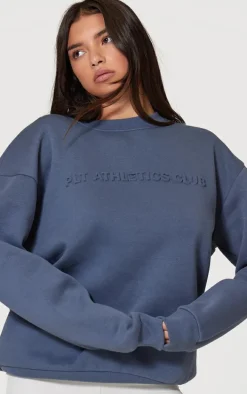 PRETTYLITTLETHING Petrol Blue Athletics Club Embossed Oversized Boxy Sweatshirt