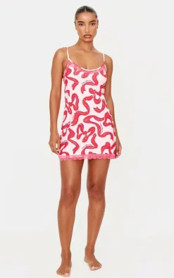 PRETTYLITTLETHING Pink Bow Print Lace Trim Jersey Nightie