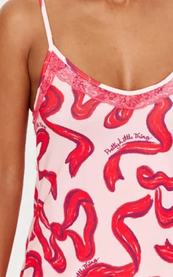 PRETTYLITTLETHING Pink Bow Print Lace Trim Jersey Nightie