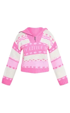PRETTYLITTLETHING Pink Fairisle Half Zip Knit Sweater