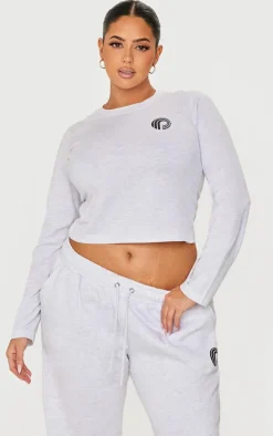 PRETTYLITTLETHING Plus Ash Grey Printed Fitted Long Sleeve T Shirt