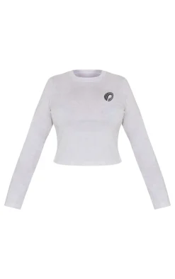 PRETTYLITTLETHING Plus Ash Grey Printed Fitted Long Sleeve T Shirt